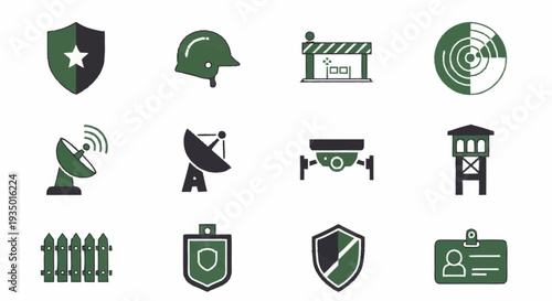Collection of Security Icons Featuring Shields and Surveillance Equipment.