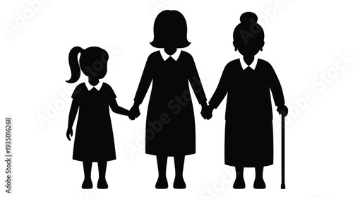 A silhouette of three generations of women holding hands isolated on white background, Vector