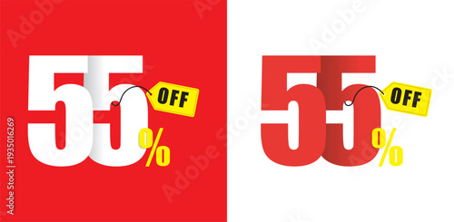 Fifty five percent off sale tag with red and white backgrounds 55 percent off discount