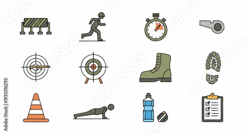 Set of fitness and sports icons including running, exercising, and equipment.