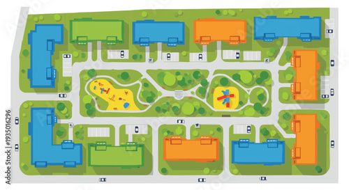 Modern Residential Complex Map: Flat Design Aerial View of Apartment Buildings, Urban Parks & Playgrounds. Housing & City Planning Illustration.