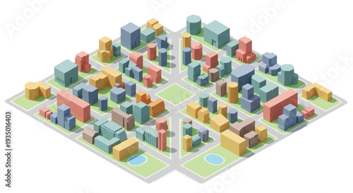 Modern Isometric Cityscape with Abstract Geometric Buildings and Parks. 3D Rendered Urban Planning and Development Map on White Background.