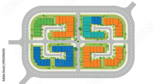 Modern Residential Neighborhood Layout Vector Illustration. Overhead Urban Plan with Colorful Apartment Buildings, Roads, and Green Spaces.