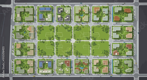 Aerial View of Modern Residential Neighborhood Master Plan with Sustainable Homes, Green Spaces & Grid Layout - Urban Development Concept