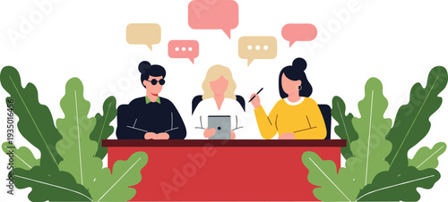 Business Women Sitting at Desk with Speech Bubbles and Digital Tablet for Professional Meeting, Collaboration and Office Teamwork.