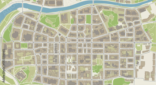 Detailed Aerial View of Modern City Map with River and Green Spaces - Urban Planning and Navigation Vector Illustration