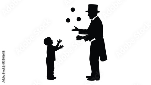 A magician and a child playing with juggling balls isolated on white background, Vector