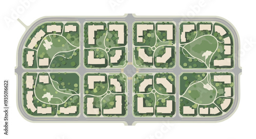 Overhead Illustration of a Planned Green Residential Community with Parks, Roads, and Buildings