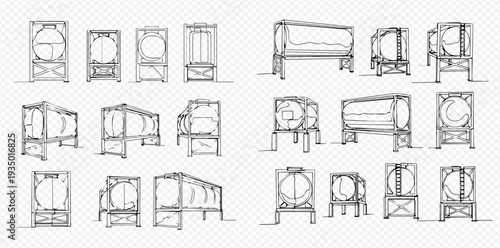 Set of hand-drawn vector sketches of various industrial tank containers and storage units.
