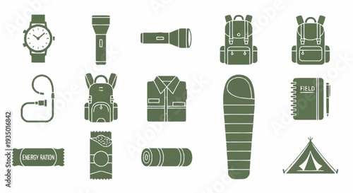 Camping and Hiking Essentials Icons Set.