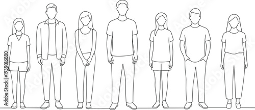 Flat vector illustration diverse group people standing row casual clothing