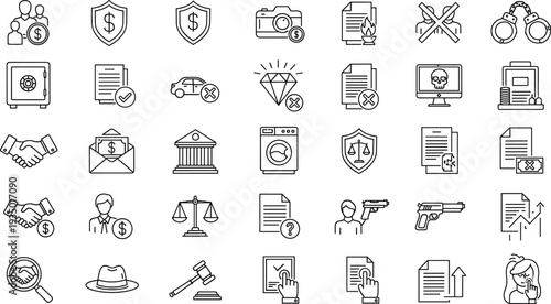 Hand Drawn Financial Security Icon Set with Insurance Protection Banking Documents Fraud Prevention and Legal Outline Vector Collection