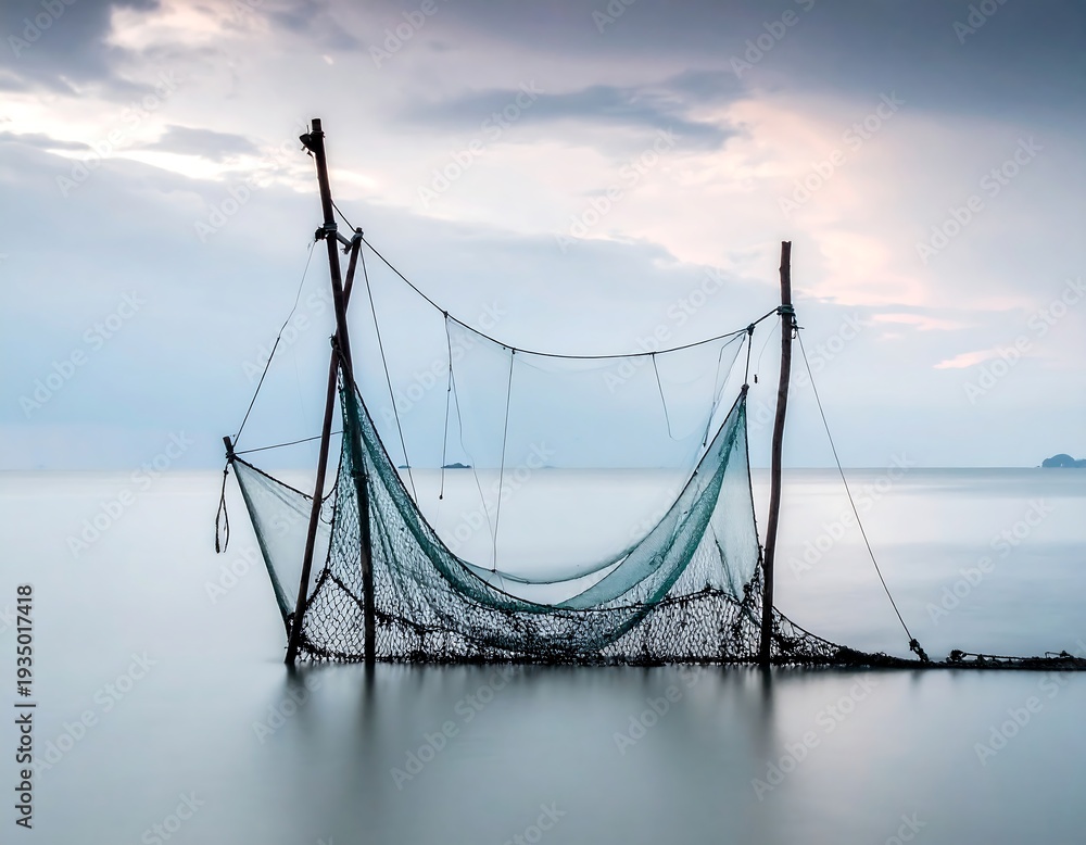 Obraz premium A serene seascape with a fishing net at dusk