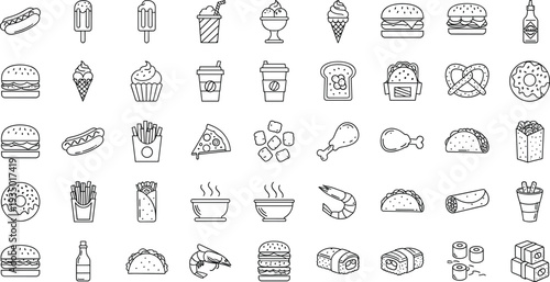 Hand Drawn Fast Food Icon Set with Burgers Hot Dogs Fries Tacos Sushi Donuts and Snacks Outline Vector Collection