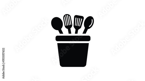 Utensil crock jar icon. Black silhouette of a container holding various cooking tools like spoons and spatulas for organized countertop storage.
