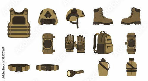 Assorted military tactical gear and equipment set on white background.