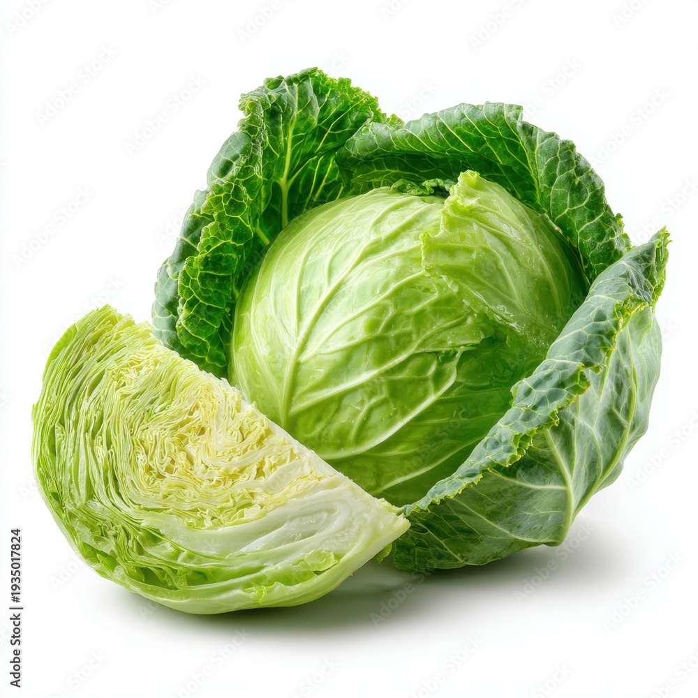 Fototapeta premium Whole fresh green cabbage with a quarter slice cut on a white background