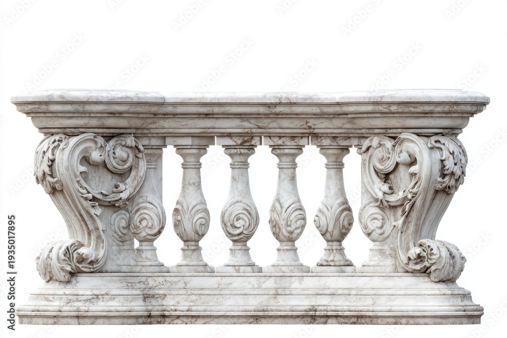 Obraz premium Ornate white marble balustrade with detailed carvings on a white background