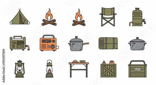 Camping equipment and accessories illustration set.