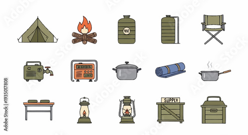 Camping Equipment and Accessories Icons Set.