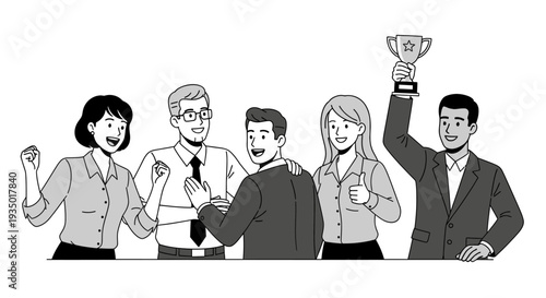 Group of diverse business people celebrating success and holding a trophy cup, line art illustration.