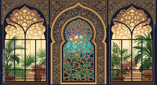 Elegant Islamic archway with stained glass and potted plants