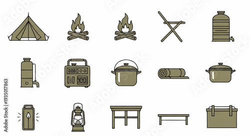 Camping icons set with outdoor gear and equipment illustrations.