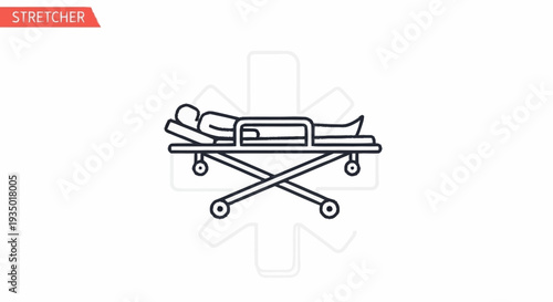 Simple black and white illustration of a stretcher with a person lying on it.