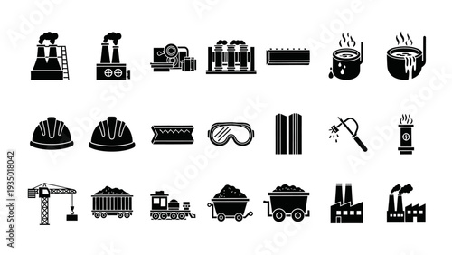 Black industrial and mining icon set, flat silhouette icons.