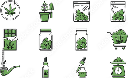 Cannabis icons, marijuana leaf, cannabis plant, cannabis buds, cannabis packaging, cannabis chocolate, cannabis jar, cannabis oil, cannabis retail, cannabis scale