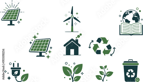 Sustainability icons, renewable energy, solar panel, wind turbine, recycling, eco house, green technology, environmental awareness, clean innovation, climate action, conservation