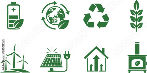 Sustainability icons, renewable energy, eco battery, recycling, solar panel, wind turbine, eco house, green technology, environmental awareness, clean innovation, climate action