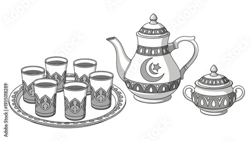 Traditional Arabic Tea Set with Teapot and Glasses on Tray.