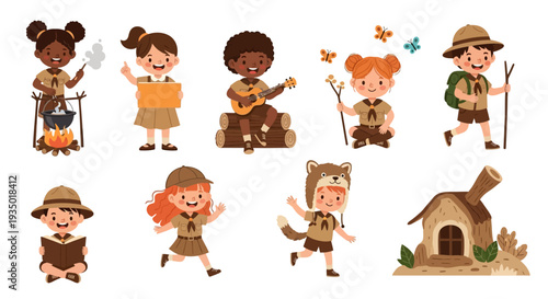 Diverse group of cartoon children participating in various scouting and outdoor activities