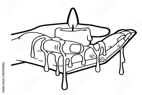 Melting candle on a human hand with dripping wax vector line art.
