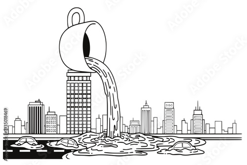 Giant coffee cup pouring liquid over a city skyline surreal concept vector.
