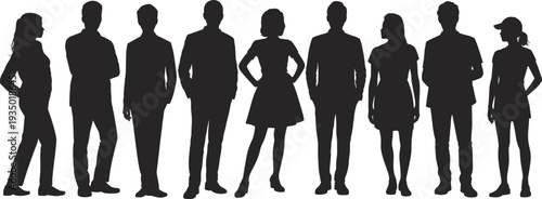 Flat vector silhouettes diverse people standing casual formal clothing group illustration
