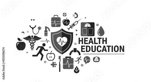 Health Education Concept Illustration with Medical and Lifestyle Icons.