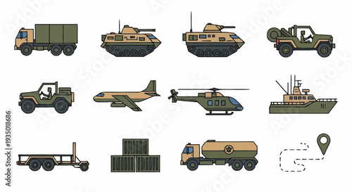 Military Vehicles and Equipment Set with Various Modes of Transport.