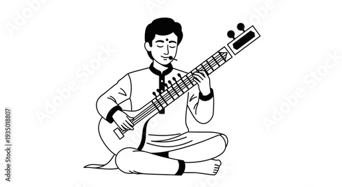Indian musician playing sitar illustration, traditional classical music concept, man sitting cross-legged with musical instrument, line art vector.
