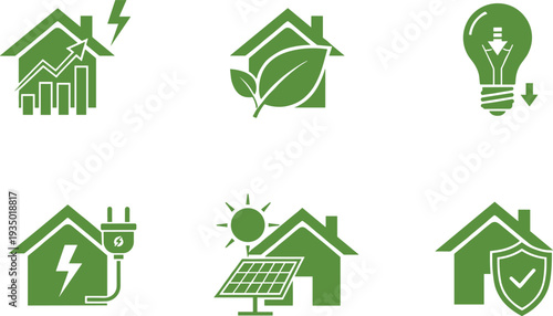 Green energy smart home icon set with solar panel electricity efficiency eco house protection renewable power vector illustration