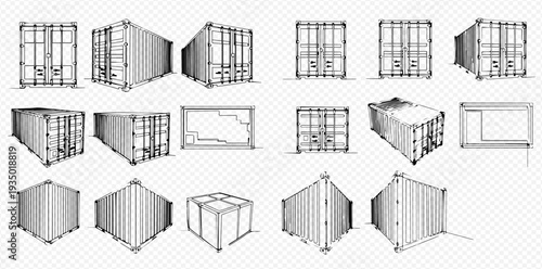 Set of hand-drawn shipping containers in various perspectives and angles, industrial cargo transportation.