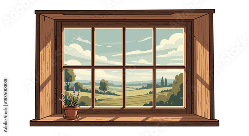 Cozy rustic window with potted lavender overlooking serene countryside landscape