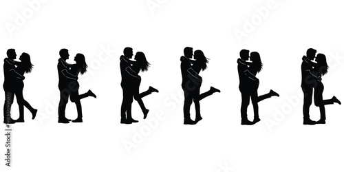 Flat vector illustration of romantic couple silhouettes kissing embrace, love connection, intimacy poses, affectionate relationship design, passion artwork