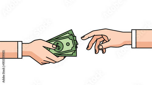 Close up of hand giving money to another person, business transaction concept, flat vector illustration isolated on white background