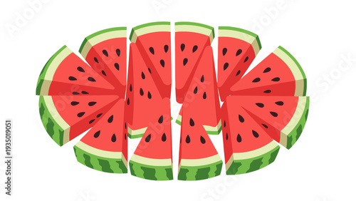 Slices of fresh watermelon arranged in a circular pattern, flat vector illustration isolated on white background