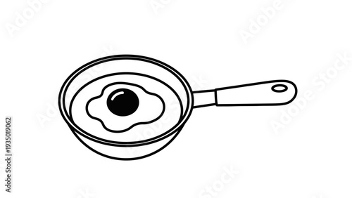 Fried egg on a frying pan icon, black and white line art illustration.
