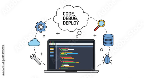 Web development and coding workflow illustration: Code, Debug, Deploy.