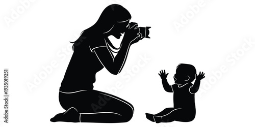 Flat vector illustration of silhouette photographer kneeling with camera capturing baby, family moment, childhood joy, parent child interaction