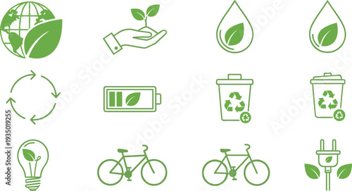 Eco sustainability green energy icon set with recycling battery bicycle renewable environment conservation clean power vector illustration